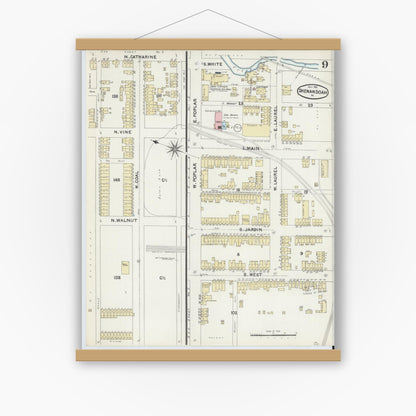 Old map wall art mockup — magnetic wood frame on white wall — Sanborn Fire Insurance Map from Shenandoah, Schuylkill County, Pennsylvania (1891), Sheet #0009
