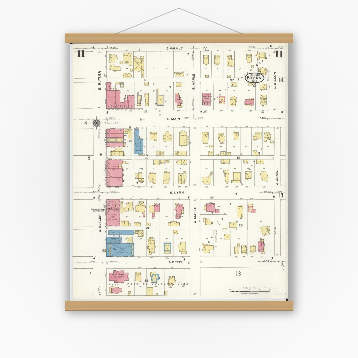 Old map wall art mockup — magnetic wood frame on white wall — Sanborn Fire Insurance Map from Bryan, Williams County, Ohio (1923), Sheet #0011