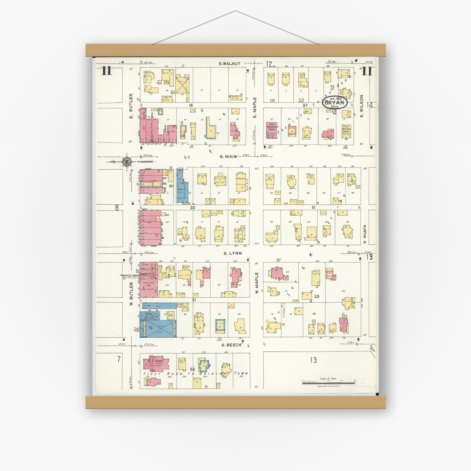 Old map wall art mockup — magnetic wood frame on white wall — Sanborn Fire Insurance Map from Bryan, Williams County, Ohio (1923), Sheet #0011