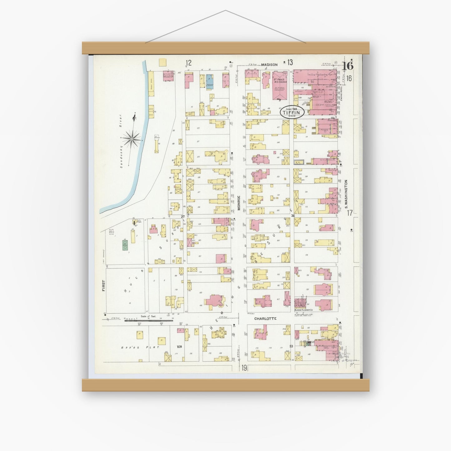 Old map wall art mockup — magnetic wood frame on white wall — Sanborn Fire Insurance Map from Tiffin, Seneca County, Ohio (1908), Sheet #0016