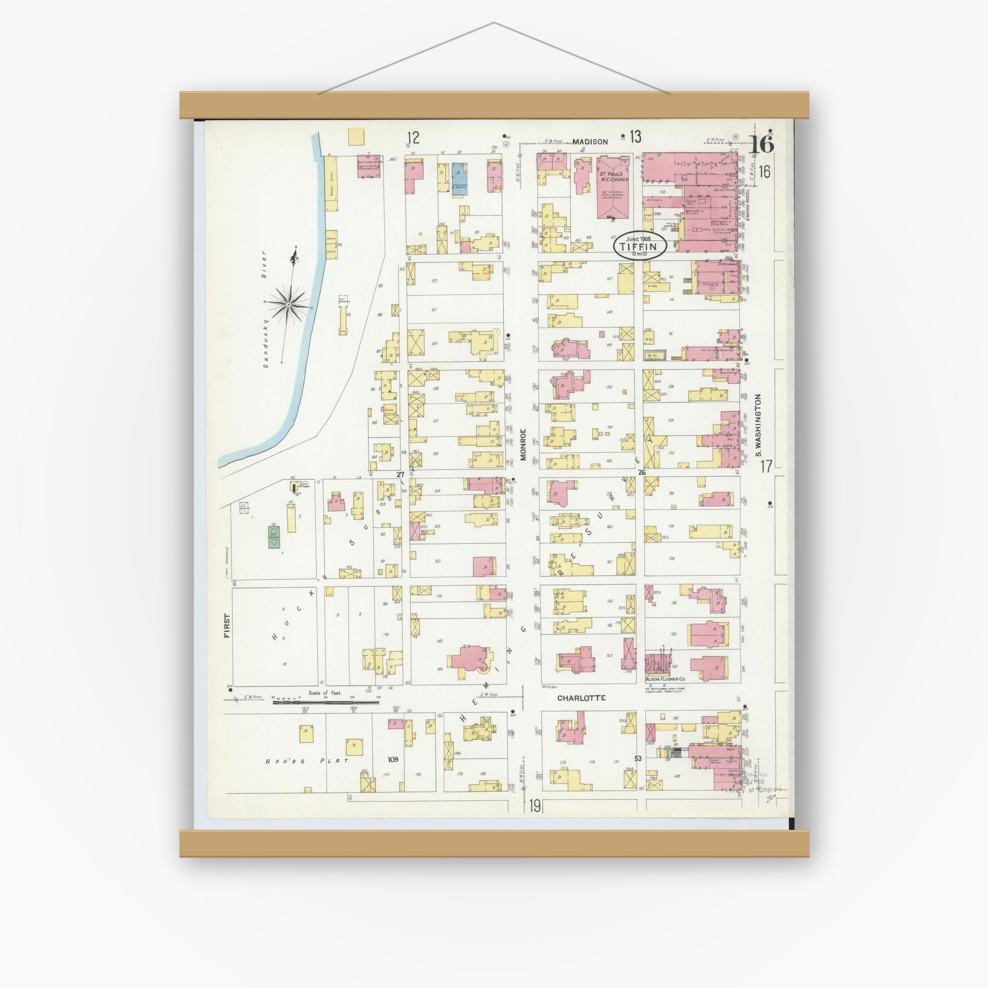 Old map wall art mockup — magnetic wood frame on white wall — Sanborn Fire Insurance Map from Tiffin, Seneca County, Ohio (1908), Sheet #0016
