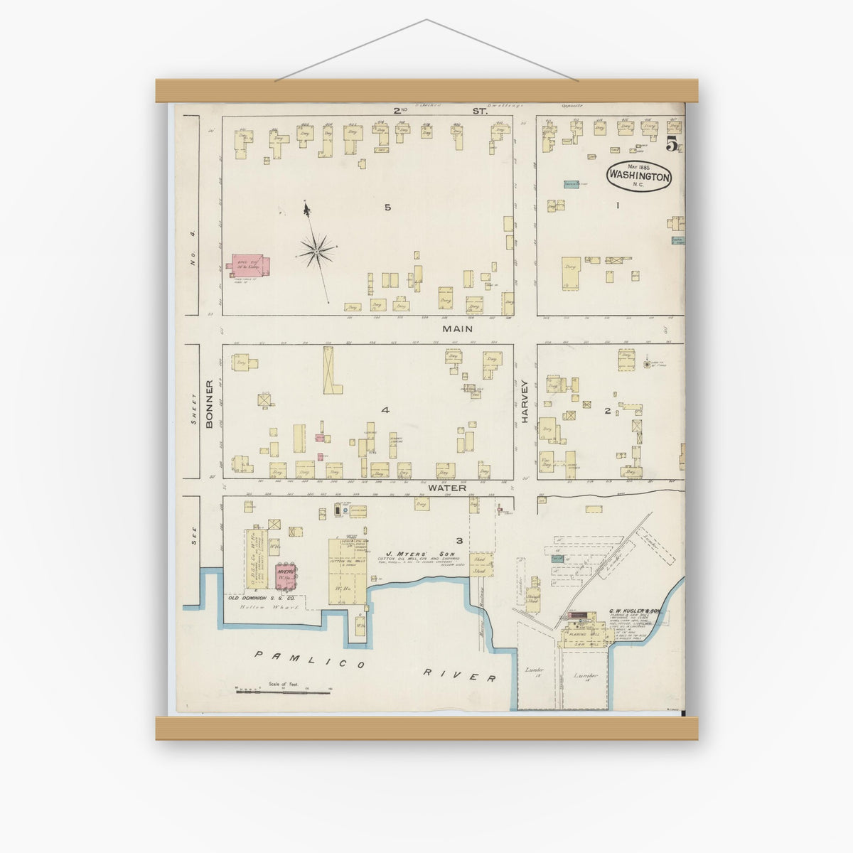 Old map wall art mockup — magnetic wood frame on white wall — Sanborn Fire Insurance Map from Washington, Beaufort County, North Carolina (1885), Sheet #0005