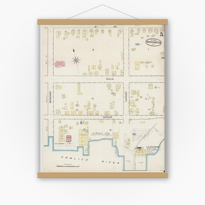 Old map wall art mockup — magnetic wood frame on white wall — Sanborn Fire Insurance Map from Washington, Beaufort County, North Carolina (1885), Sheet #0005