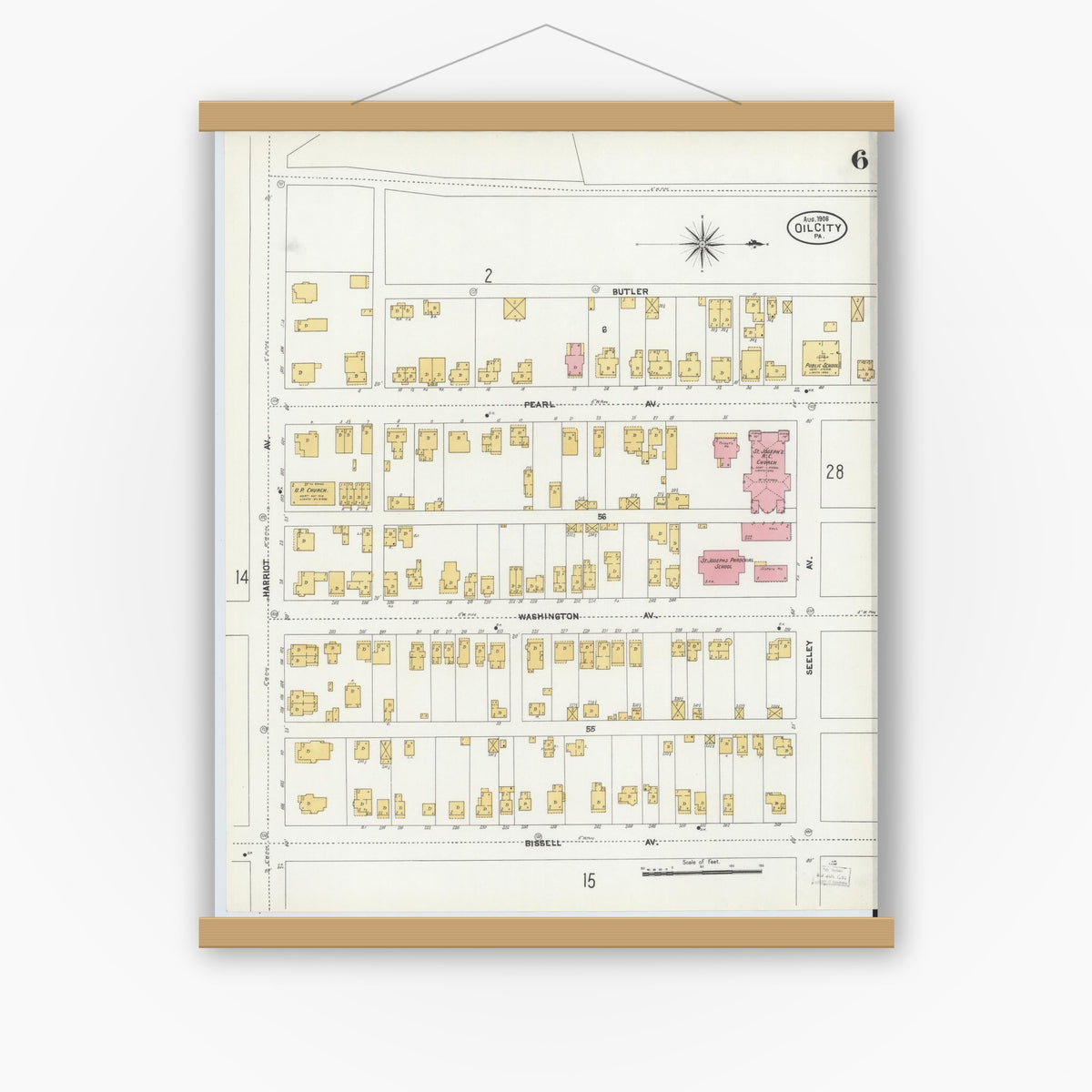 Old map wall art mockup — magnetic wood frame on white wall — Sanborn Fire Insurance Map from Oil City, Venango County, Pennsylvania (1906), Sheet #0006