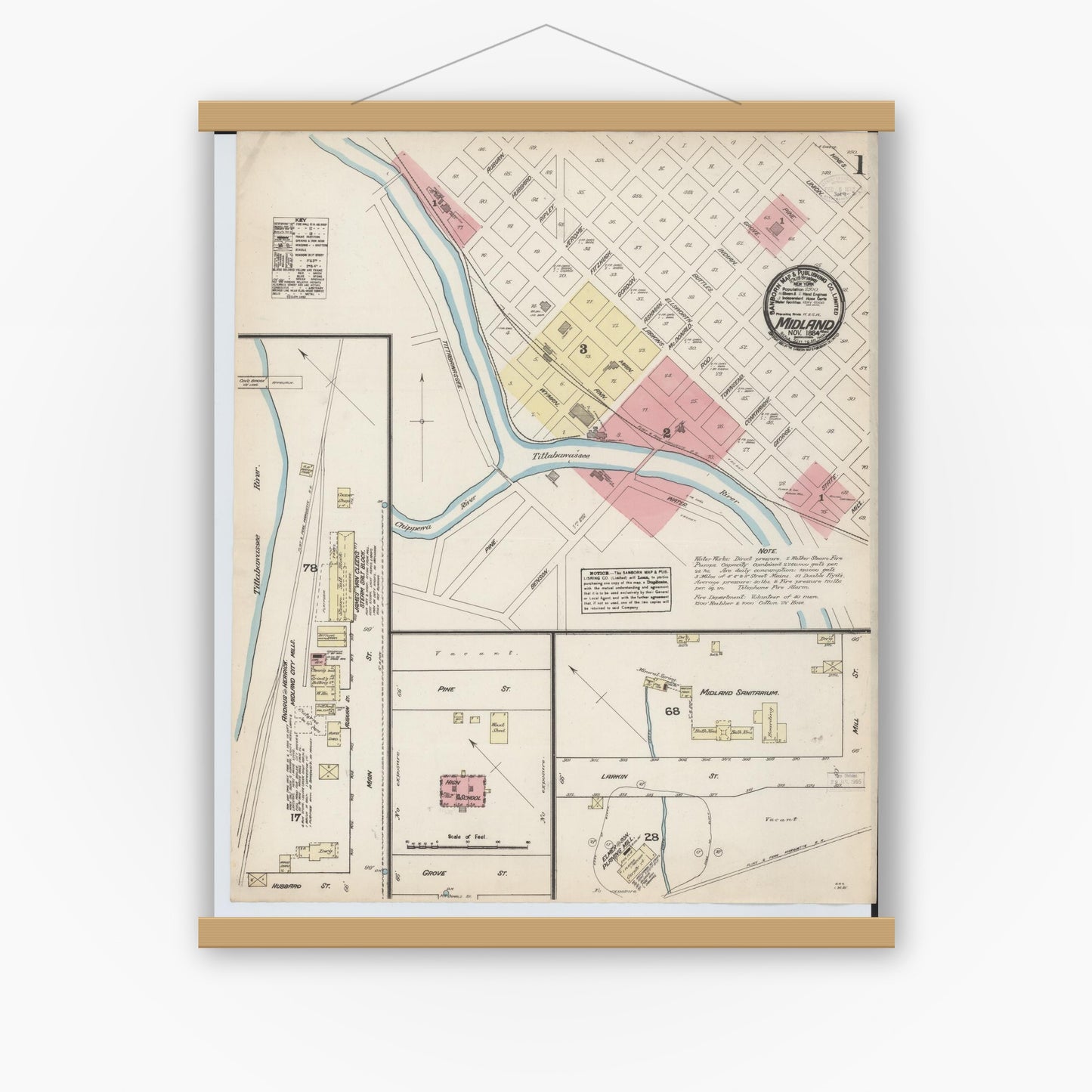 Old map wall art mockup — magnetic wood frame on white wall — Sanborn Fire Insurance Map from Midland, Midland County, Michigan (1884), Sheet #0001
