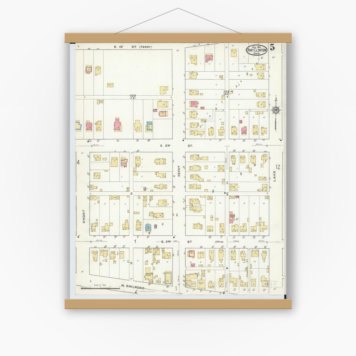 Old map wall art mockup — magnetic wood frame on white wall — Sanborn Fire Insurance Map from Port Clinton, Ottawa County, Ohio (1916), Sheet #0005