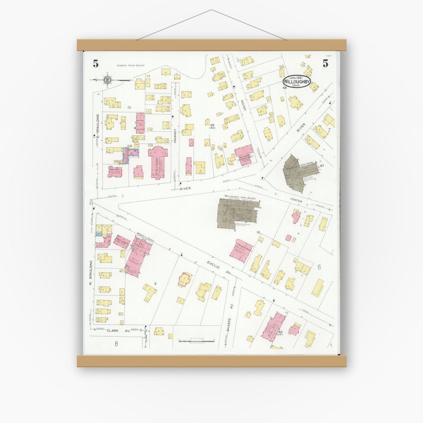 Old map wall art mockup — magnetic wood frame on white wall — Sanborn Fire Insurance Map from Willoughby, Lake County, Ohio (1931), Sheet #0005