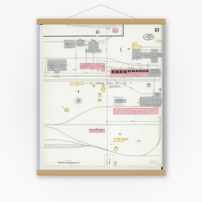 Old map wall art mockup — magnetic wood frame on white wall — Sanborn Fire Insurance Map from Lorain, Lorain County, Ohio (1900), Sheet #0013