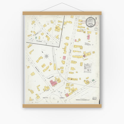 Old map wall art mockup — magnetic wood frame on white wall — Sanborn Fire Insurance Map from Grafton, Worcester County, Massachusetts (1889) - Complete Map Set