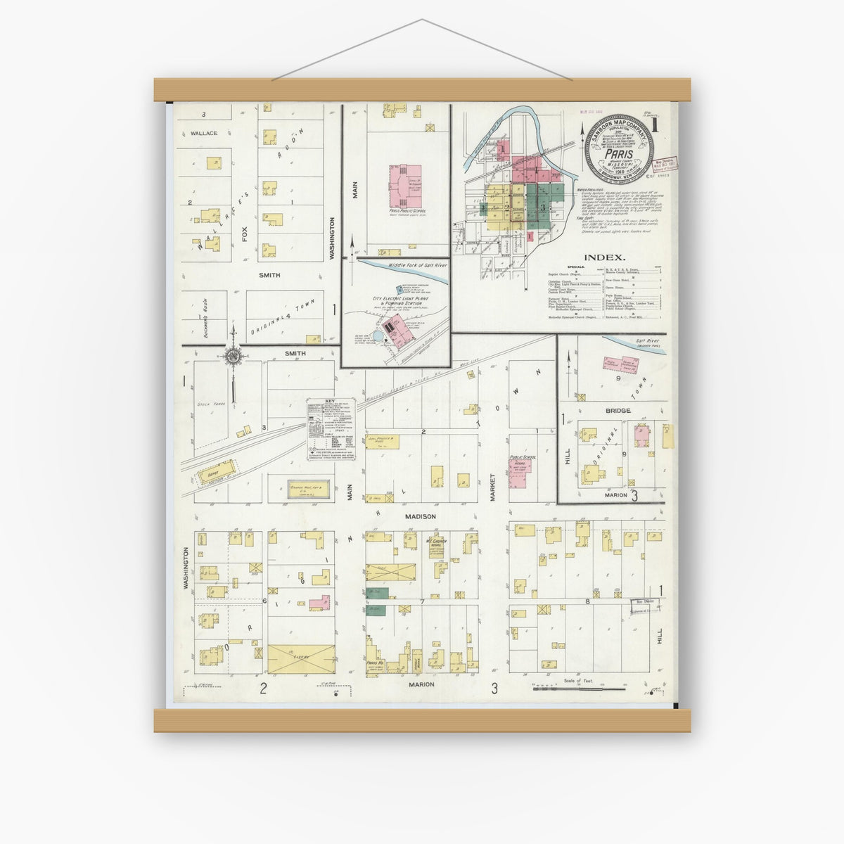 Old map wall art mockup — magnetic wood frame on white wall — Sanborn Fire Insurance Map from Paris, Monroe County, Missouri (1910) - Complete Map Set