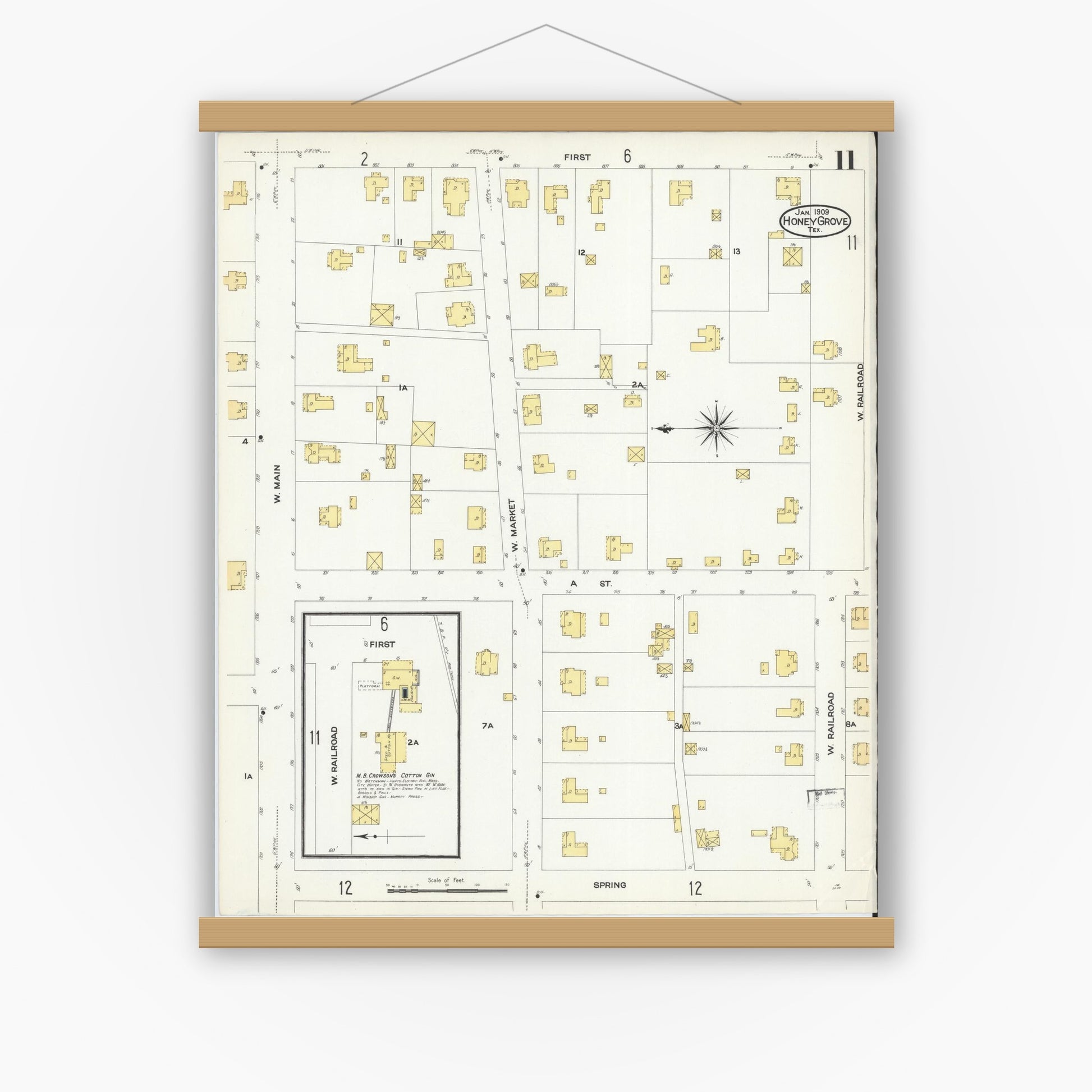 Old map wall art mockup — magnetic wood frame on white wall — Sanborn Fire Insurance Map from Honey Grove, Fannin County, Texas (1909), Sheet #0011