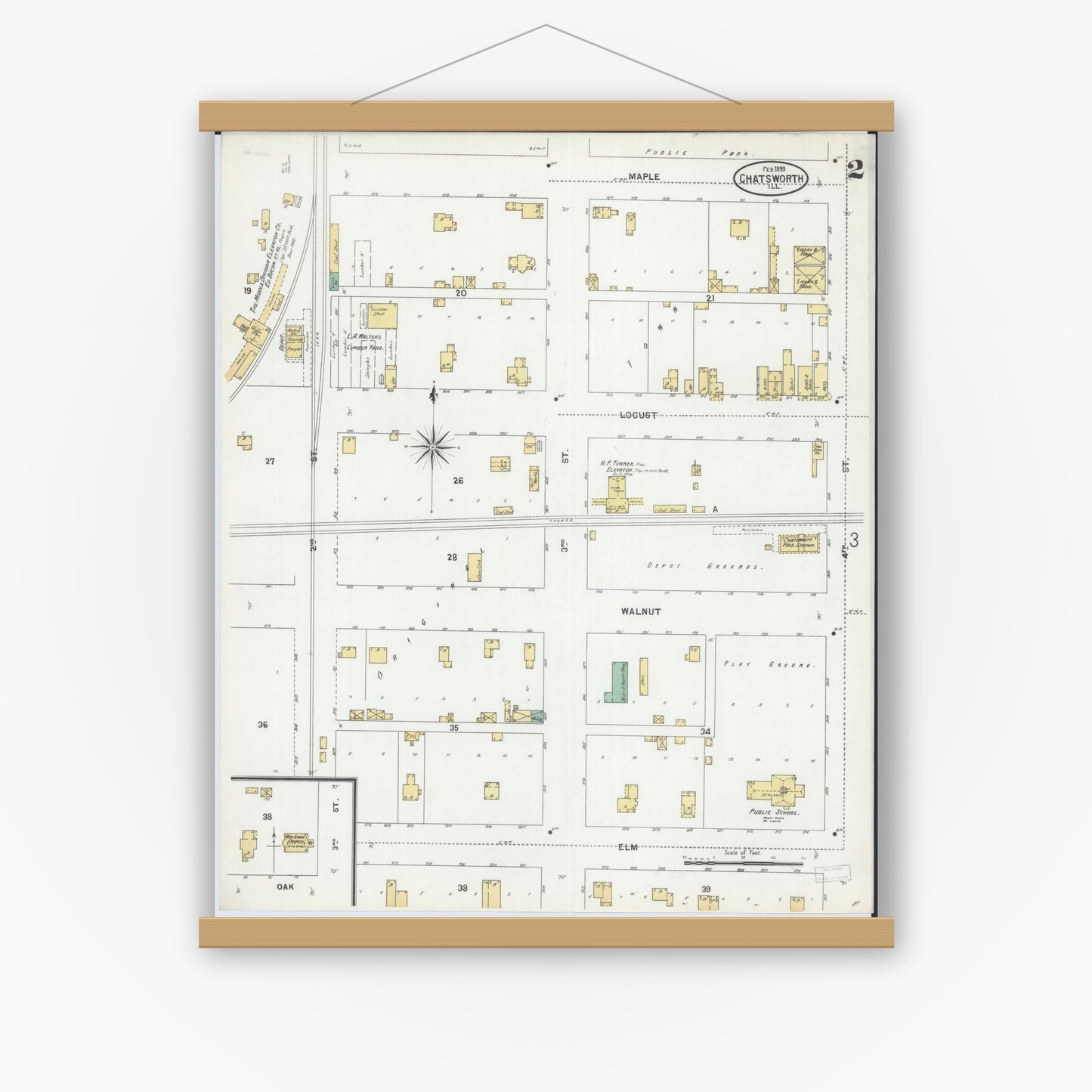 Old map wall art mockup — magnetic wood frame on white wall — Sanborn Fire Insurance Map from Chatsworth, Livingston County, Illinois (1899), Sheet #0002