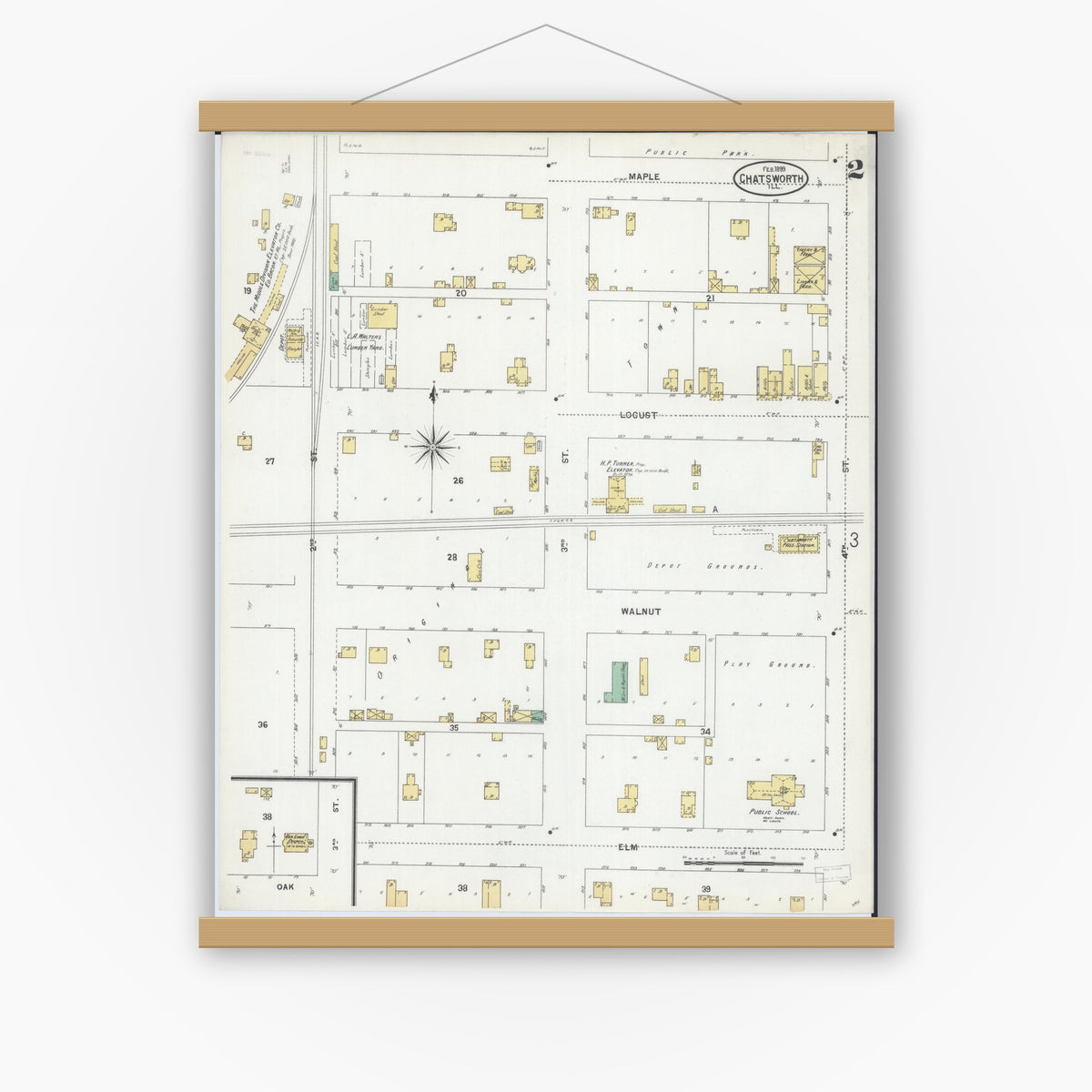 Old map wall art mockup — magnetic wood frame on white wall — Sanborn Fire Insurance Map from Chatsworth, Livingston County, Illinois (1899), Sheet #0002