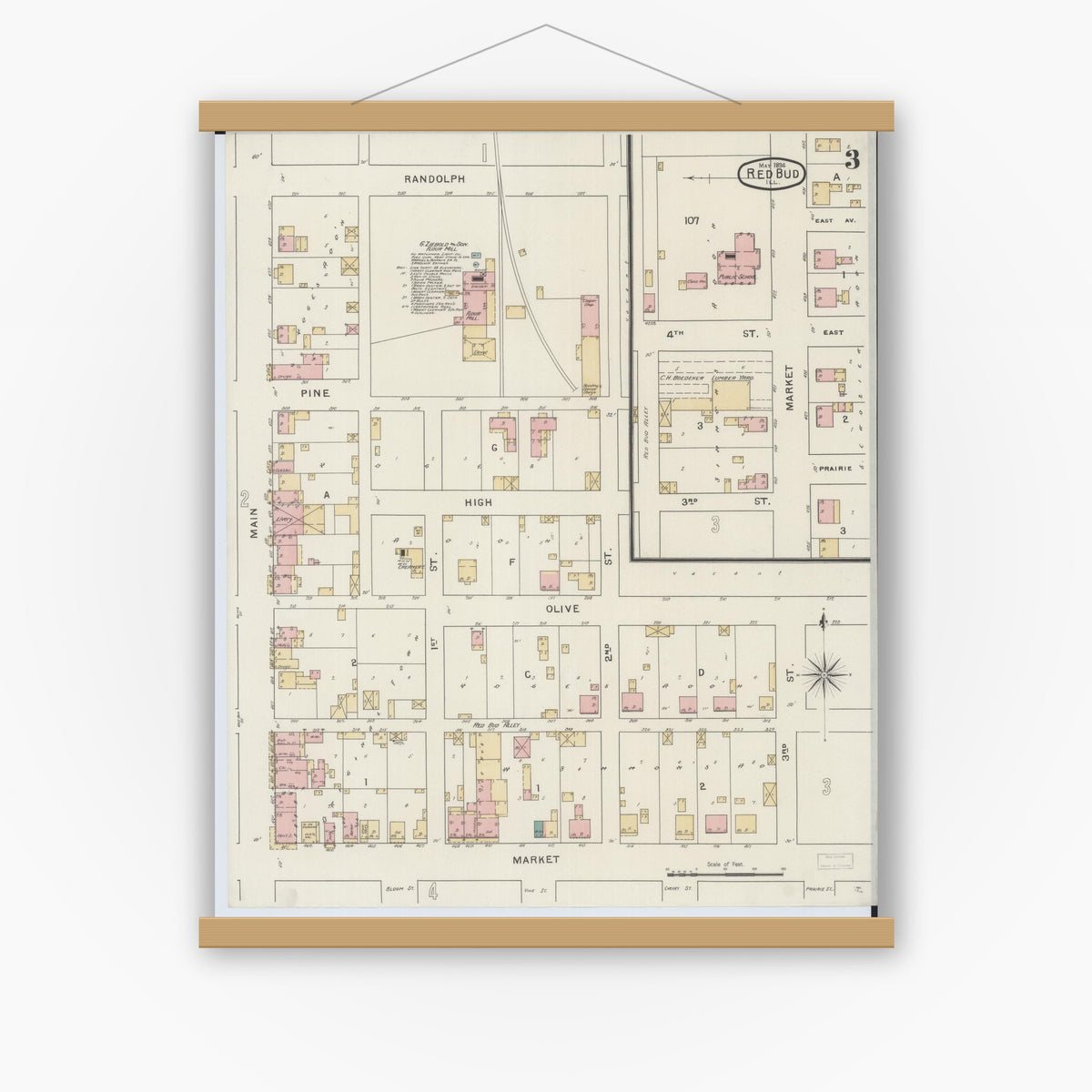 Old map wall art mockup — magnetic wood frame on white wall — Sanborn Fire Insurance Map from Red Bud, Randolph County, Illinois (1894), Sheet #0003