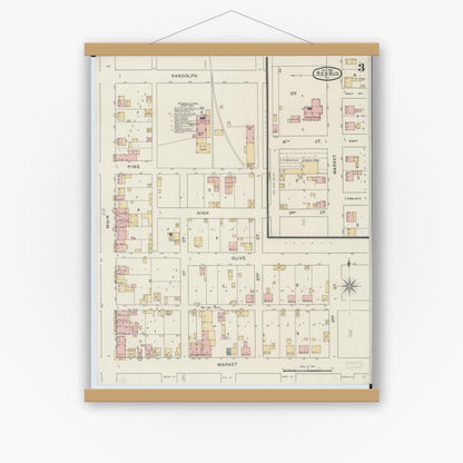 Old map wall art mockup — magnetic wood frame on white wall — Sanborn Fire Insurance Map from Red Bud, Randolph County, Illinois (1894), Sheet #0003