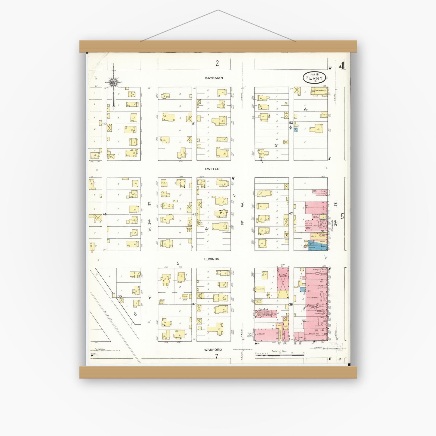 Old map wall art mockup — magnetic wood frame on white wall — Sanborn Fire Insurance Map from Perry, Dallas County, Iowa (1911), Sheet #0004