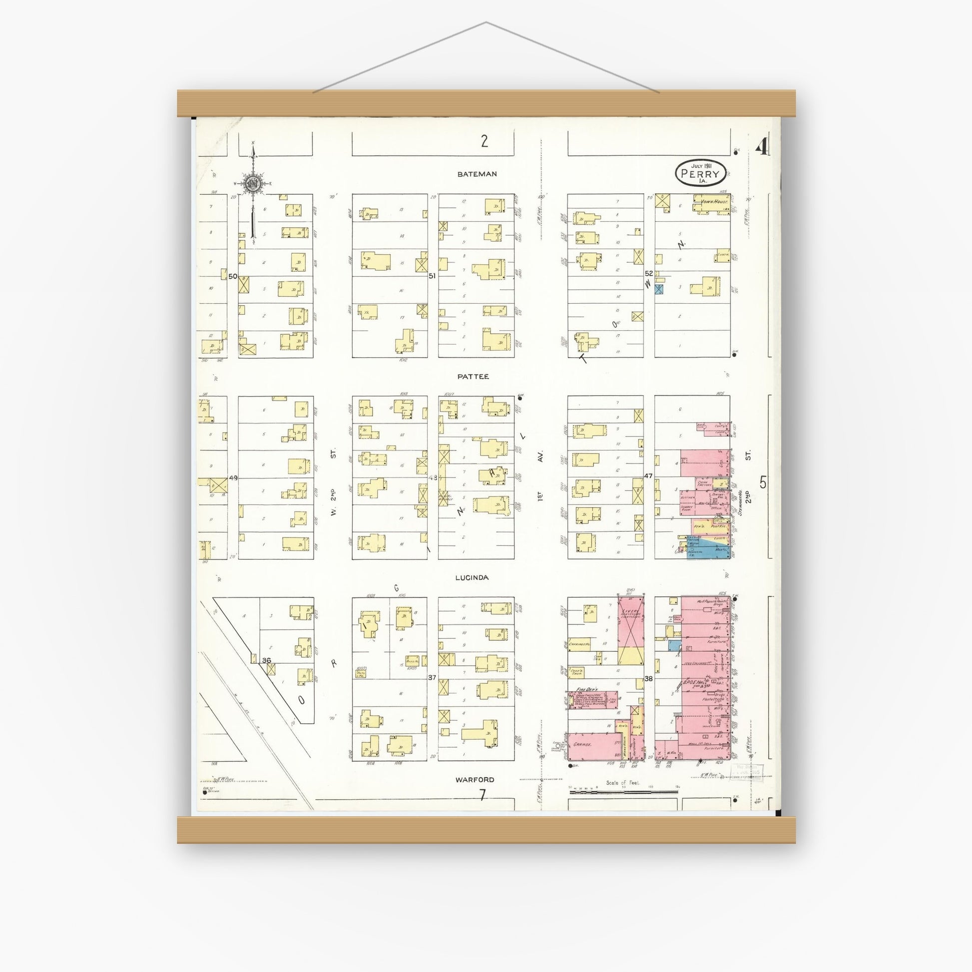 Old map wall art mockup — magnetic wood frame on white wall — Sanborn Fire Insurance Map from Perry, Dallas County, Iowa (1911), Sheet #0004