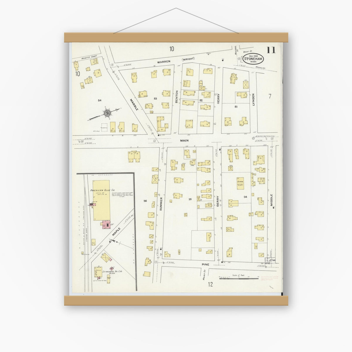 Old map wall art mockup — magnetic wood frame on white wall — Sanborn Fire Insurance Map from Stoneham, Middlesex County, Massachusetts (1909), Sheet #0011