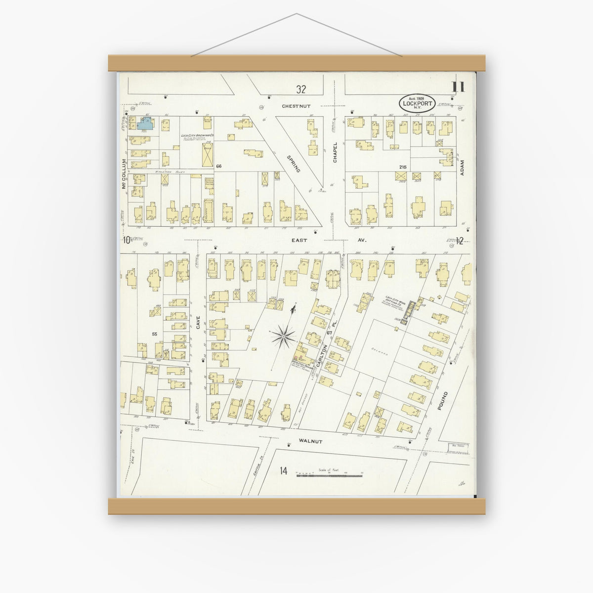 Old map wall art mockup — magnetic wood frame on white wall — Sanborn Fire Insurance Map from Lockport, Niagara County, New York (1909), Sheet #0011