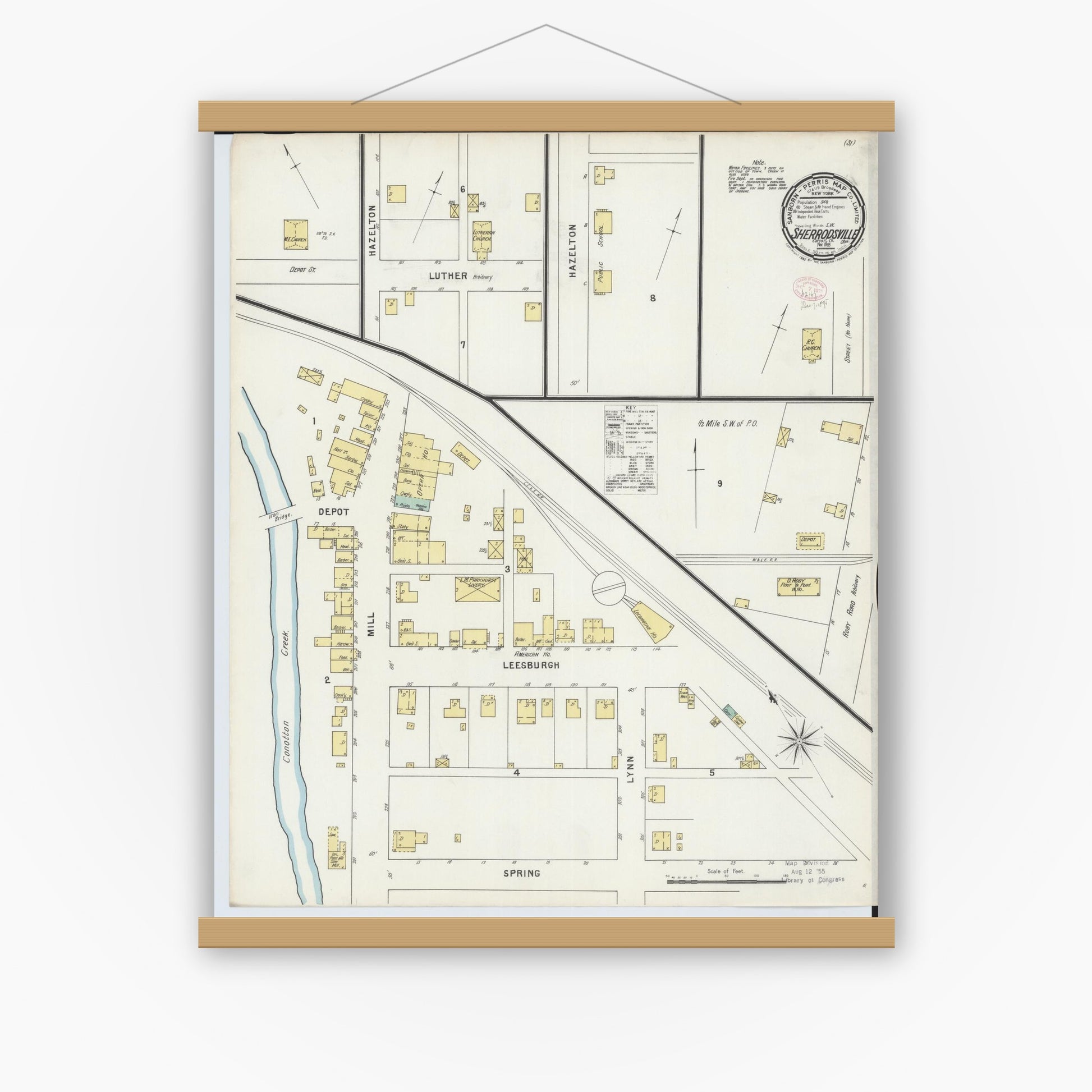 Old map wall art mockup — magnetic wood frame on white wall — Sanborn Fire Insurance Map from Sherrodsville, Carroll County, Ohio (1895), Sheet #0001