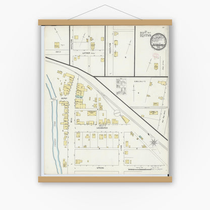 Old map wall art mockup — magnetic wood frame on white wall — Sanborn Fire Insurance Map from Sherrodsville, Carroll County, Ohio (1895), Sheet #0001