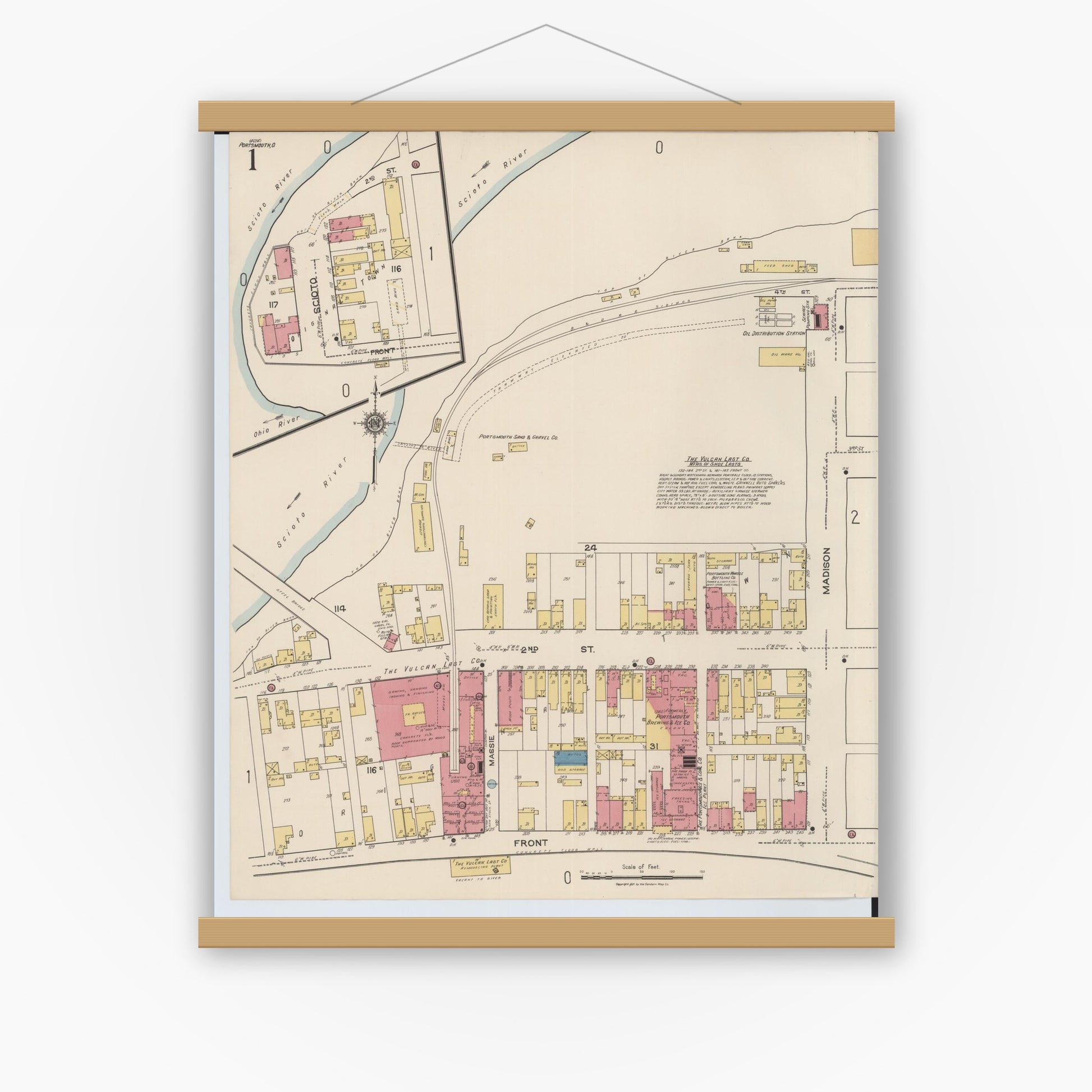 Old map wall art mockup — magnetic wood frame on white wall — Sanborn Fire Insurance Map from Portsmouth, Scioto County, Ohio (1921), Sheet #0001