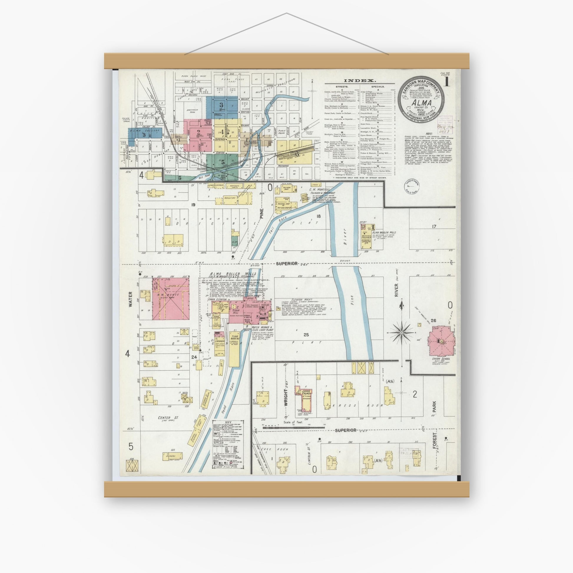 Old map wall art mockup — magnetic wood frame on white wall — Sanborn Fire Insurance Map from Alma, Gratiot County, Michigan (1902), Sheet #0001