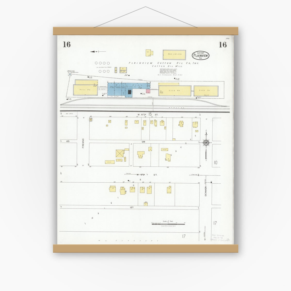Old map wall art mockup — magnetic wood frame on white wall — Sanborn Fire Insurance Map from Plainview, Hale County, Texas (1927), Sheet #0016