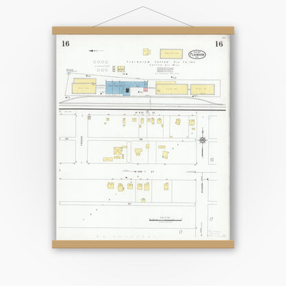 Old map wall art mockup — magnetic wood frame on white wall — Sanborn Fire Insurance Map from Plainview, Hale County, Texas (1927), Sheet #0016