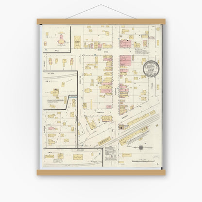 Old map wall art mockup — magnetic wood frame on white wall — Sanborn Fire Insurance Map from Clio, Genesee County, Michigan (1910), Sheet #0001