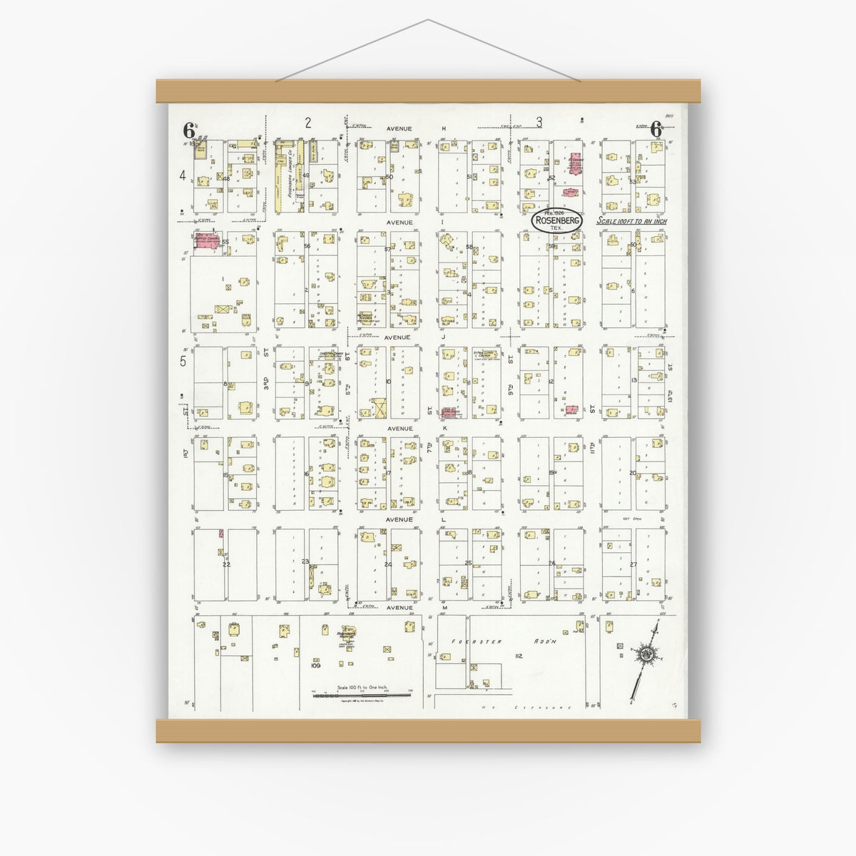 Old map wall art mockup — magnetic wood frame on white wall — Sanborn Fire Insurance Map from Rosenberg, Fort Bend County, Texas (1926), Sheet #0006