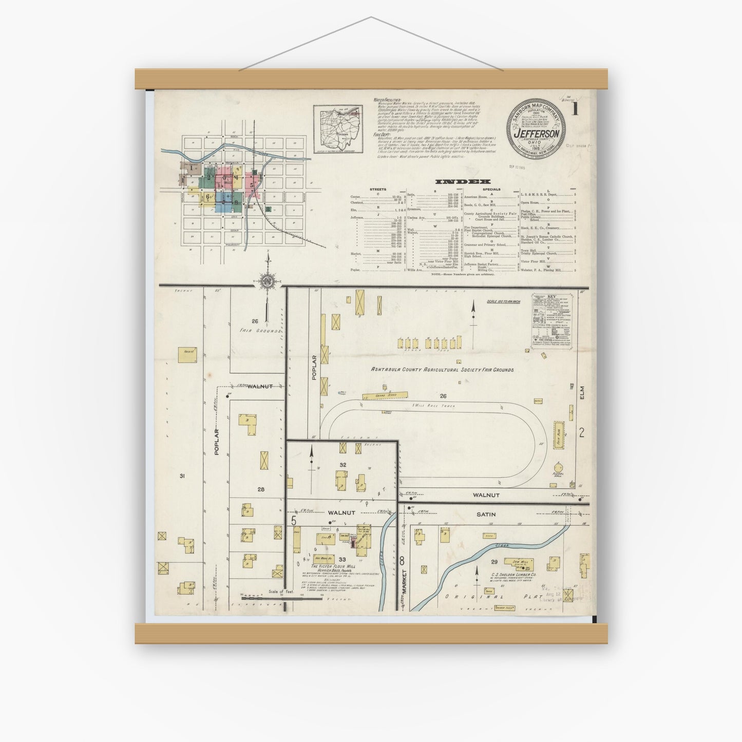 Old map wall art mockup — magnetic wood frame on white wall — Sanborn Fire Insurance Map from Jefferson, Ashtabula County, Ohio (1915), Sheet #0001