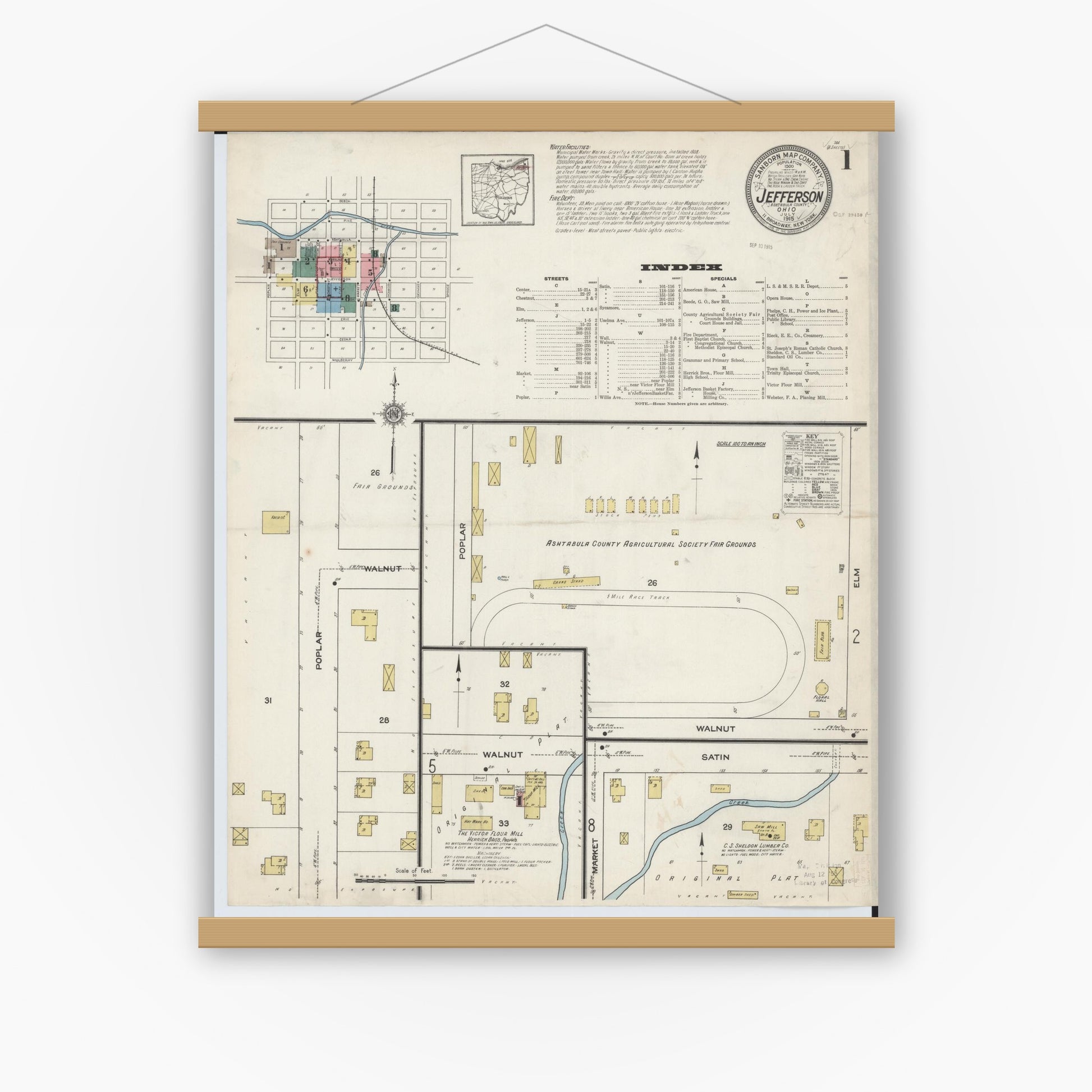Old map wall art mockup — magnetic wood frame on white wall — Sanborn Fire Insurance Map from Jefferson, Ashtabula County, Ohio (1915), Sheet #0001