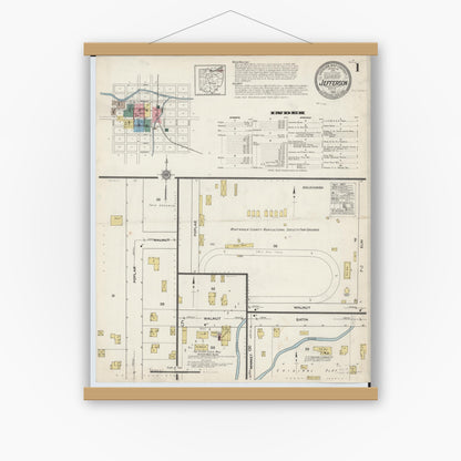 Old map wall art mockup — magnetic wood frame on white wall — Sanborn Fire Insurance Map from Jefferson, Ashtabula County, Ohio (1915), Sheet #0001