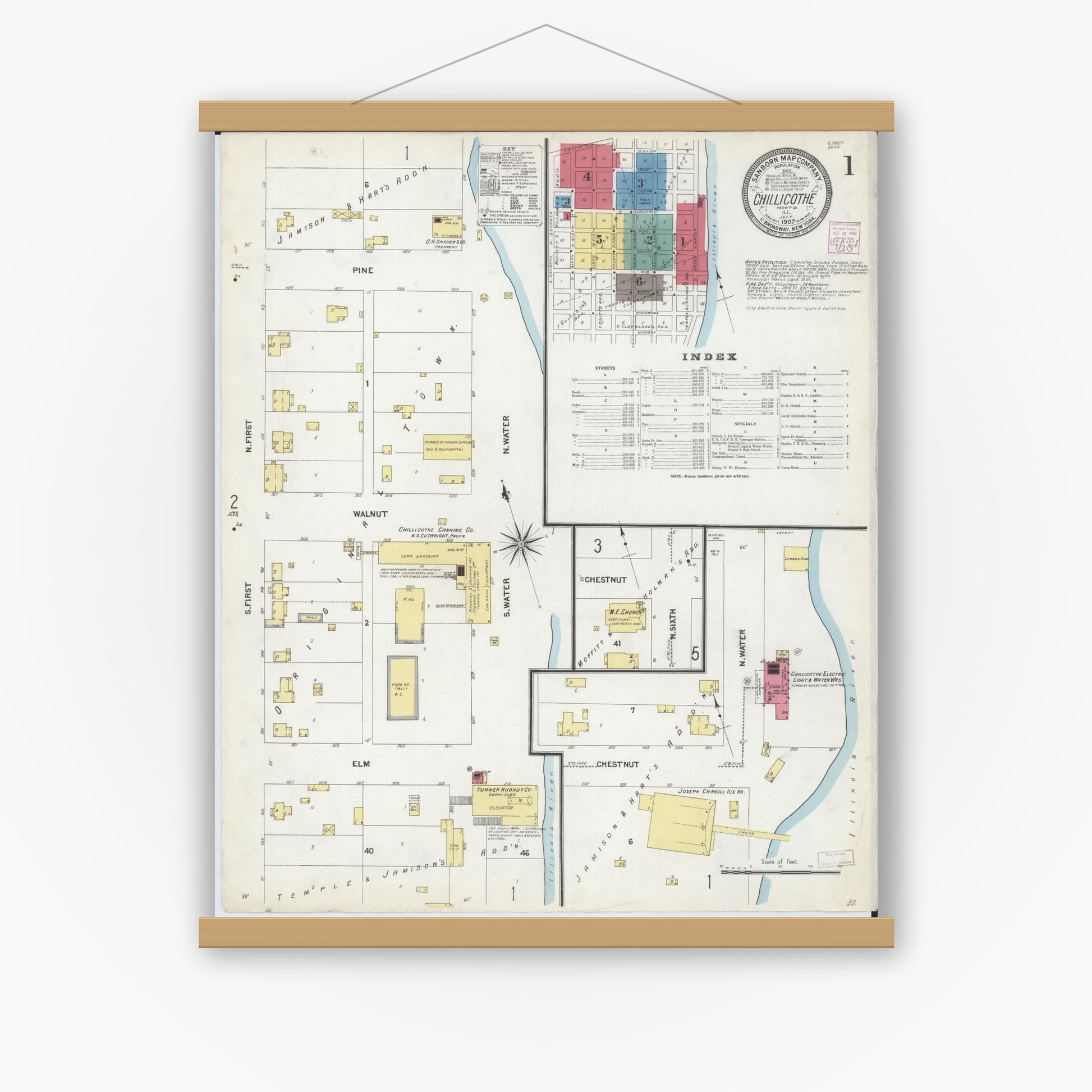 Old map wall art mockup — magnetic wood frame on white wall — Sanborn Fire Insurance Map from Chillicothe, Peoria County, Illinois (1907), Sheet #0001