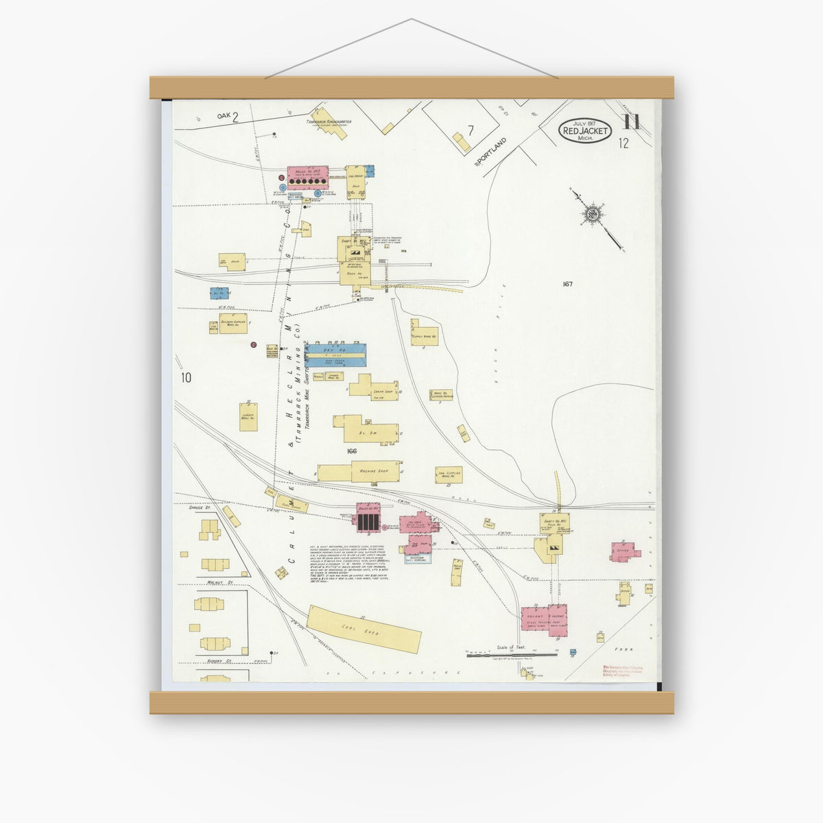 Old map wall art mockup — magnetic wood frame on white wall — Sanborn Fire Insurance Map from Red Jacket, Houghton County, Michigan (1917), Sheet #0011