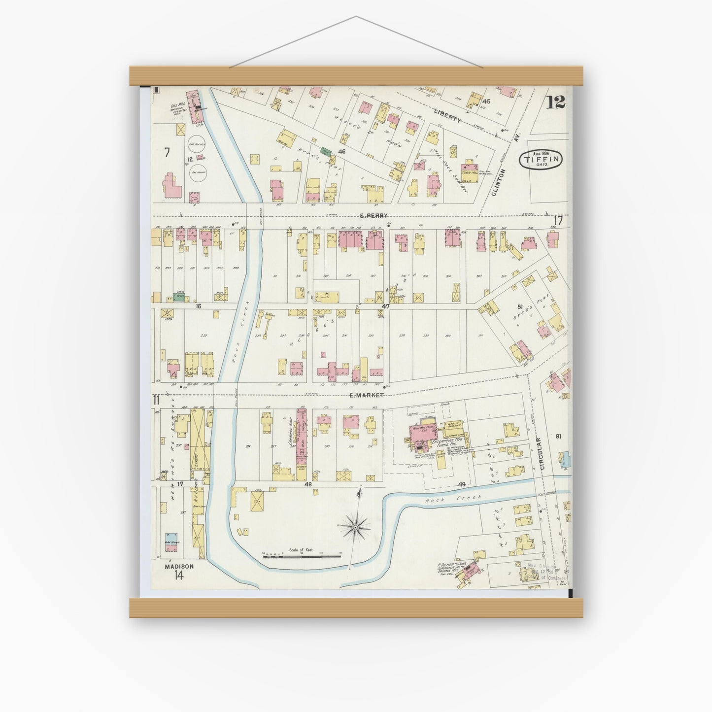 Old map wall art mockup — magnetic wood frame on white wall — Sanborn Fire Insurance Map from Tiffin, Seneca County, Ohio (1896), Sheet #0012