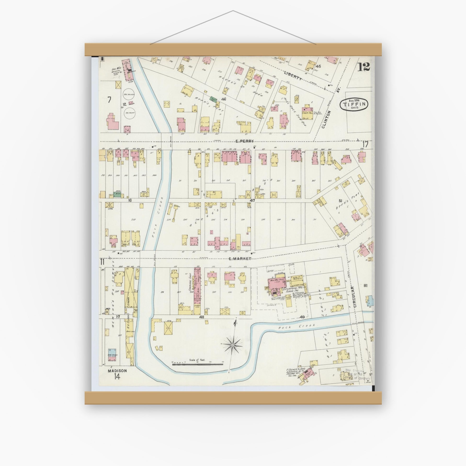 Old map wall art mockup — magnetic wood frame on white wall — Sanborn Fire Insurance Map from Tiffin, Seneca County, Ohio (1896), Sheet #0012