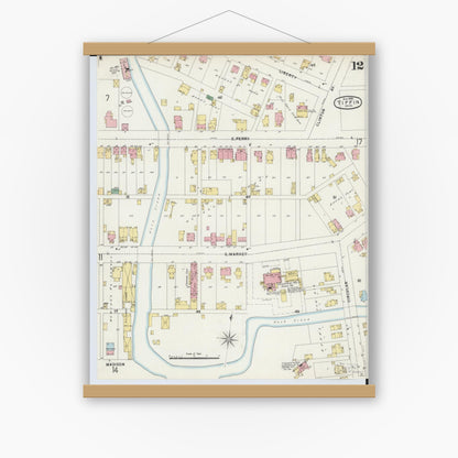 Old map wall art mockup — magnetic wood frame on white wall — Sanborn Fire Insurance Map from Tiffin, Seneca County, Ohio (1896), Sheet #0012