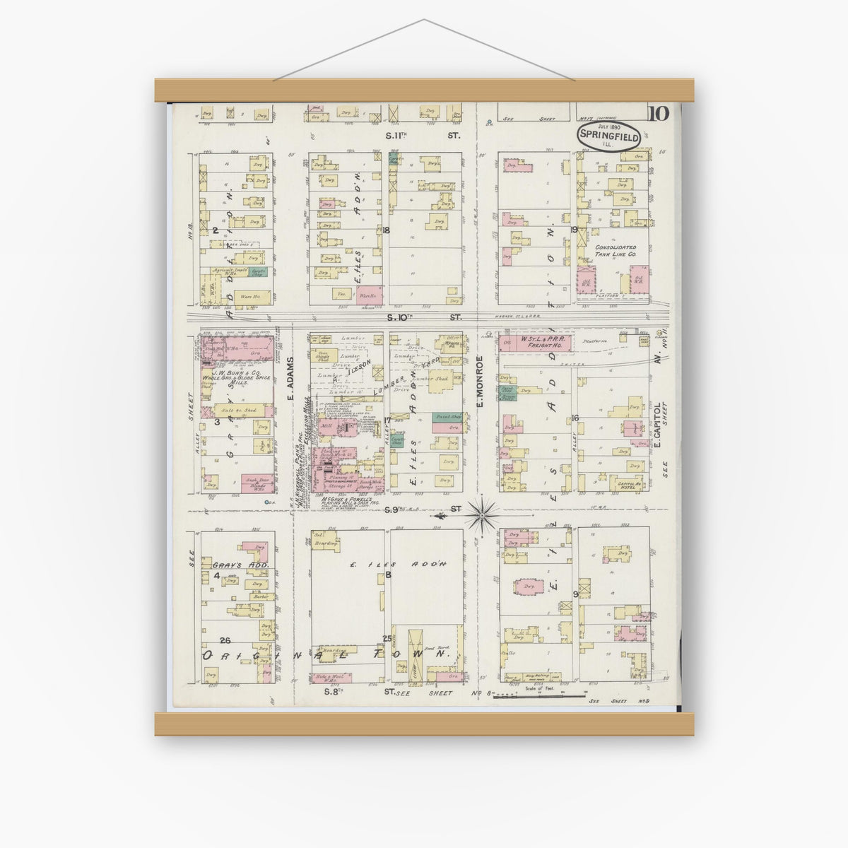 Old map wall art mockup — magnetic wood frame on white wall — Sanborn Fire Insurance Map from Springfield, Sangamon County, Illinois (1890), Sheet #0010