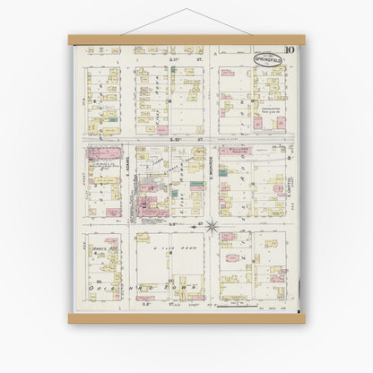 Old map wall art mockup — magnetic wood frame on white wall — Sanborn Fire Insurance Map from Springfield, Sangamon County, Illinois (1890), Sheet #0010