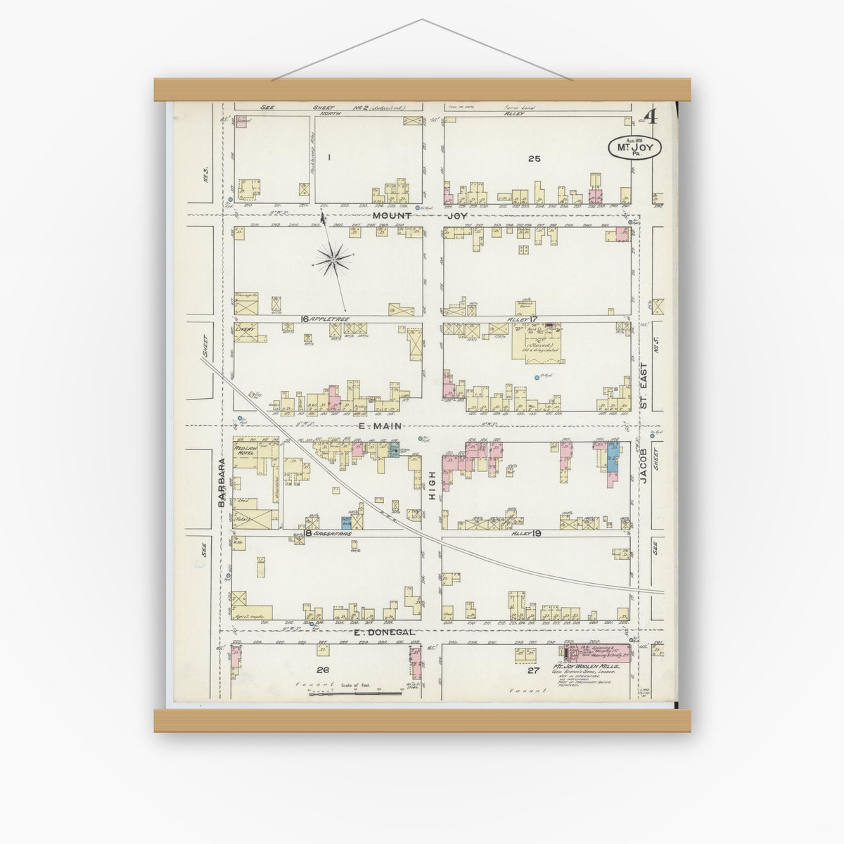 Old map wall art mockup — magnetic wood frame on white wall — Sanborn Fire Insurance Map from Mount Joy, Lancaster County, Pennsylvania (1891), Sheet #0004