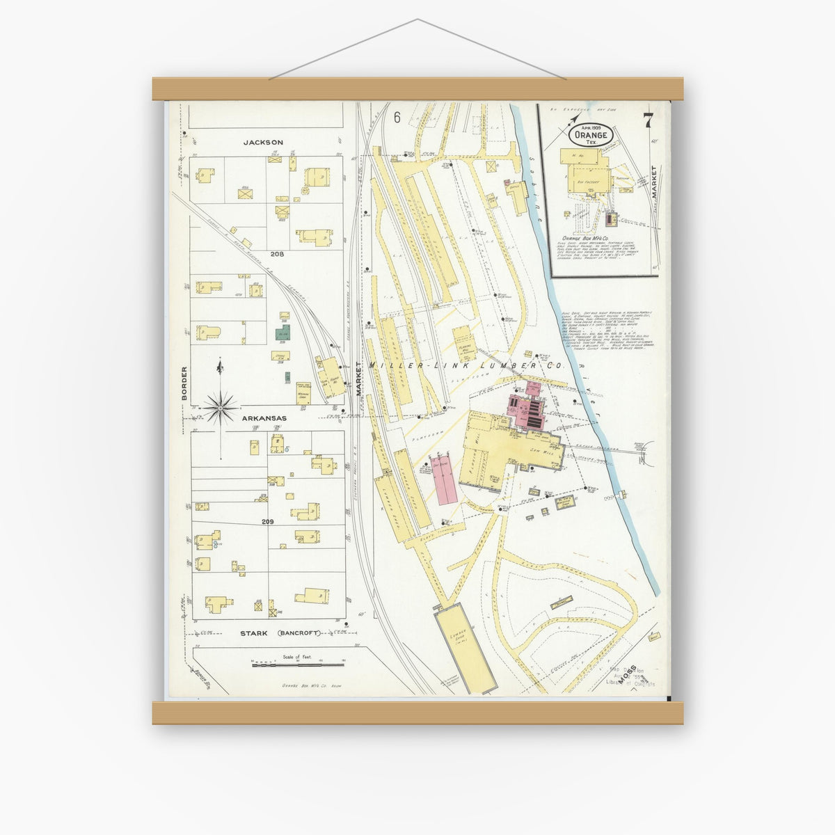 Old map wall art mockup — magnetic wood frame on white wall — Sanborn Fire Insurance Map from Orange, Orange County, Texas (1909), Sheet #0007