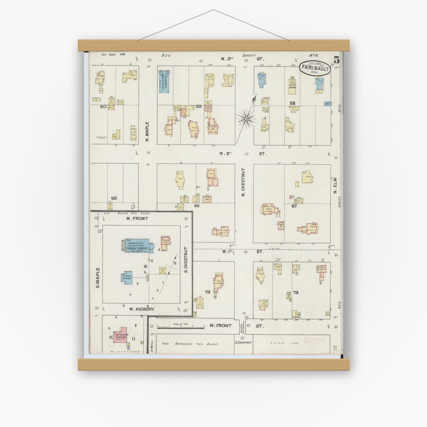 Old map wall art mockup — magnetic wood frame on white wall — Sanborn Fire Insurance Map from Faribault, Rice County, Minnesota (1889), Sheet #0005