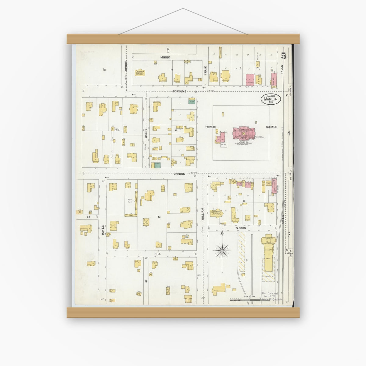 Old map wall art mockup — magnetic wood frame on white wall — Sanborn Fire Insurance Map from Marlin, Falls County, Texas (1903), Sheet #0005