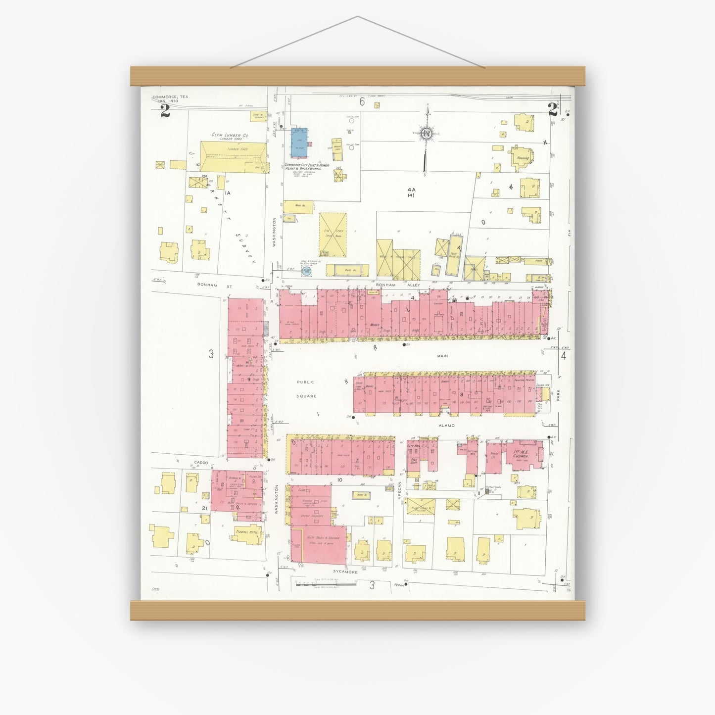 Old map wall art mockup — magnetic wood frame on white wall — Sanborn Fire Insurance Map from Commerce, Hunt County, Texas (1933), Sheet #0002