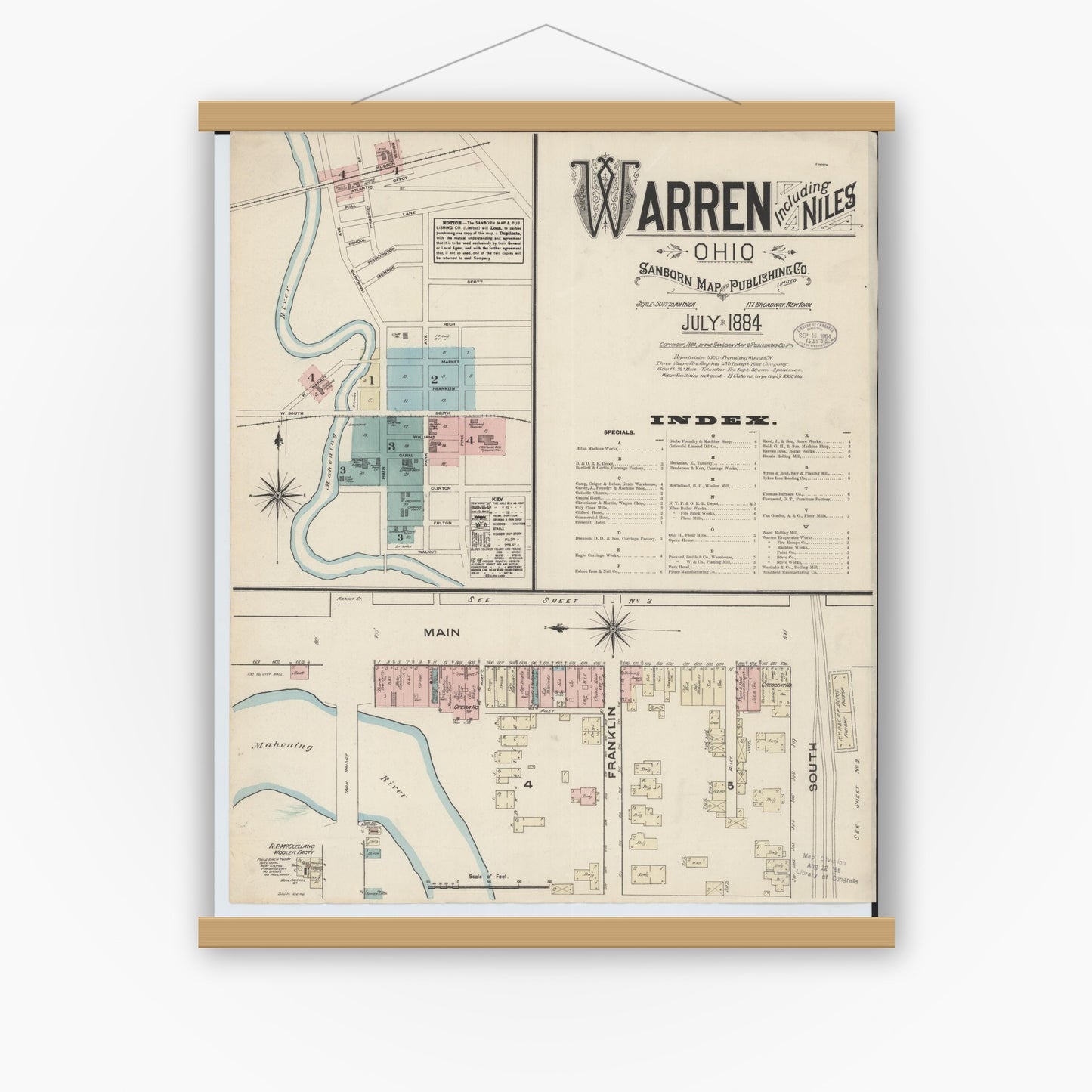 Old map wall art mockup — magnetic wood frame on white wall — Sanborn Fire Insurance Map from Warren, Trumbull County, Ohio (1884), Sheet #0001