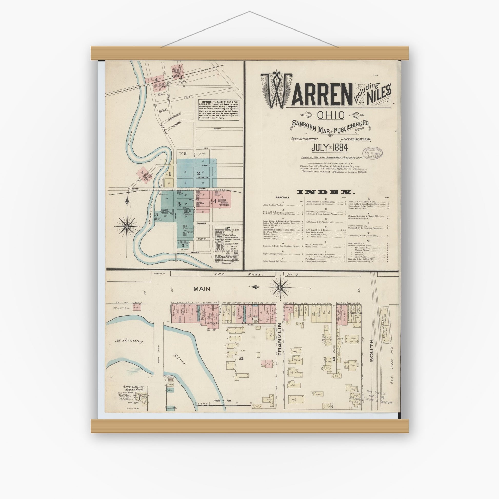 Old map wall art mockup — magnetic wood frame on white wall — Sanborn Fire Insurance Map from Warren, Trumbull County, Ohio (1884), Sheet #0001
