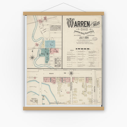 Old map wall art mockup — magnetic wood frame on white wall — Sanborn Fire Insurance Map from Warren, Trumbull County, Ohio (1884), Sheet #0001