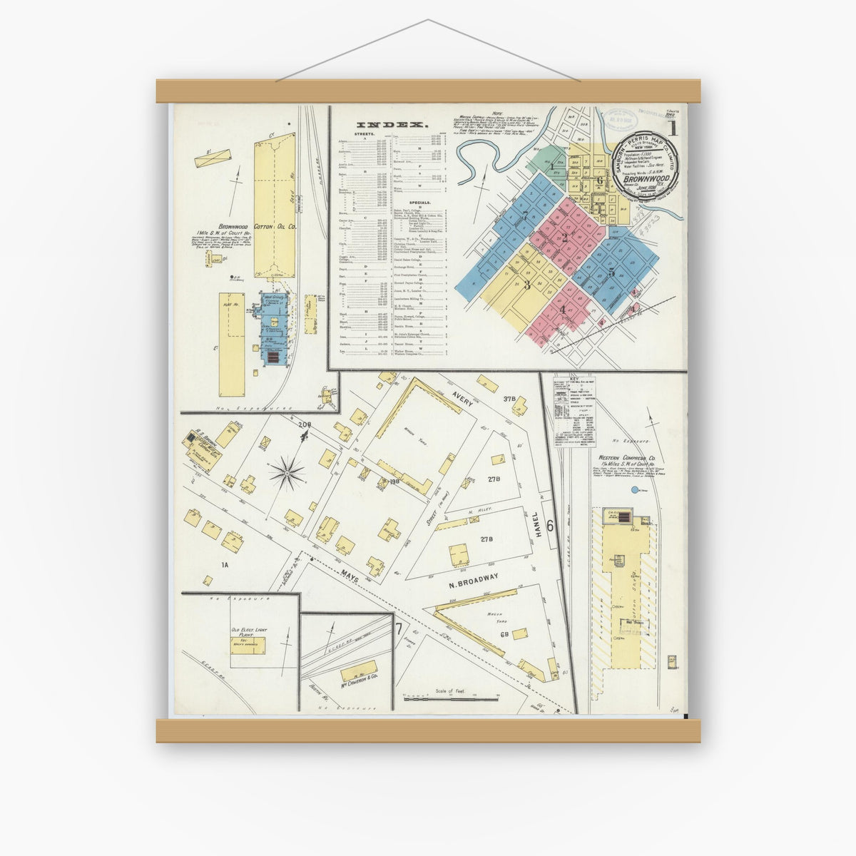 Old map wall art mockup — magnetic wood frame on white wall — Sanborn Fire Insurance Map from Brownwood, Brown County, Texas (1898) - Complete Map Set
